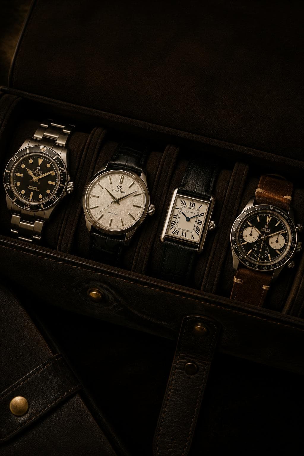 Leather watch roll with Tudor Submariner, Grand Seiko Spring Drive, Cartier Tank, and Tudor Chronograph